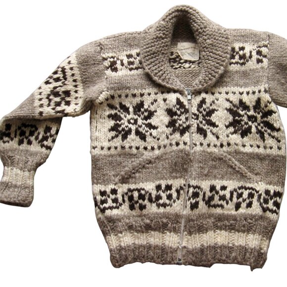 Vintage 80s Genuine Cowichan Indian Knit Cardigan Snowflake Sweater Wool Sz S-M - Picture 1 of 8